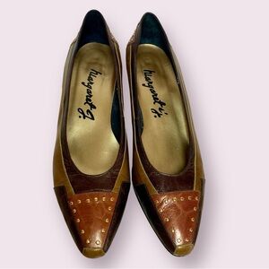 Margaret Jerrold Patchwork Leather Studs Kitten Heel Shoes Brown Size 9 M